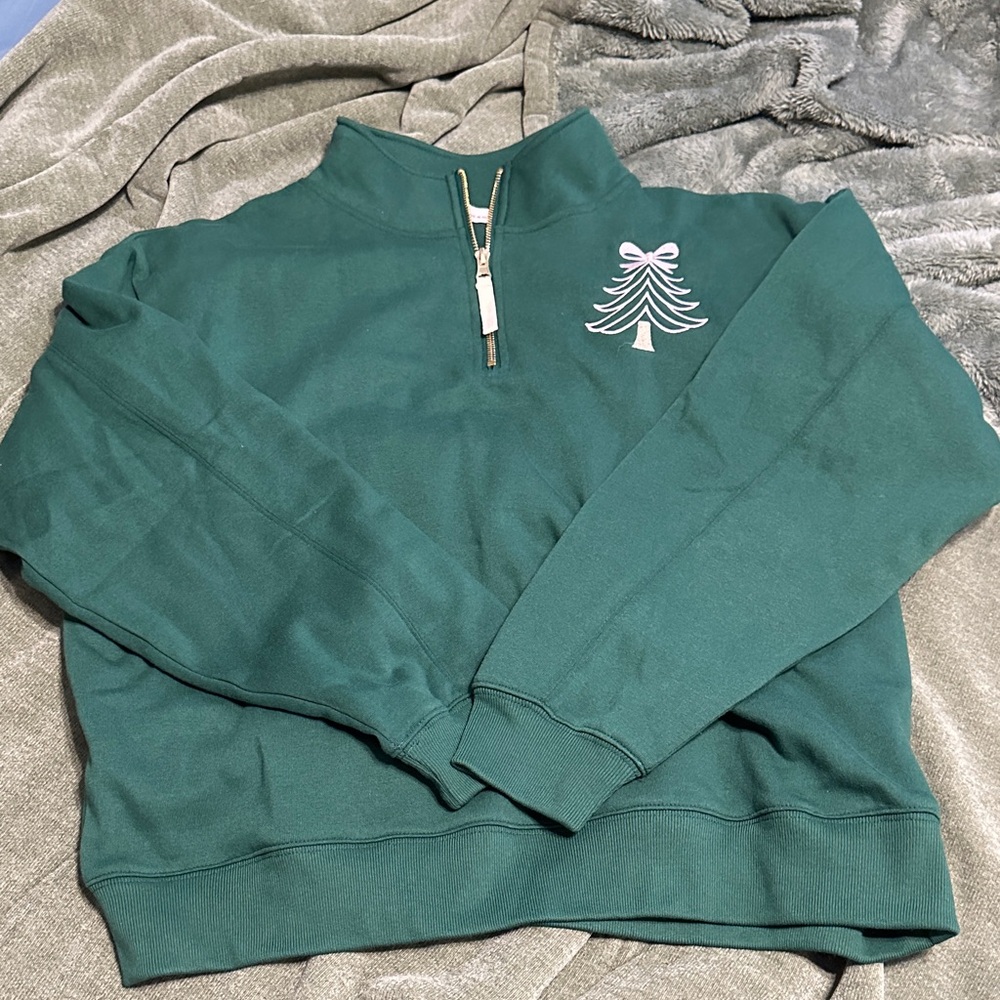 Emerald Half-Zip Sweatshirt with Tree Design